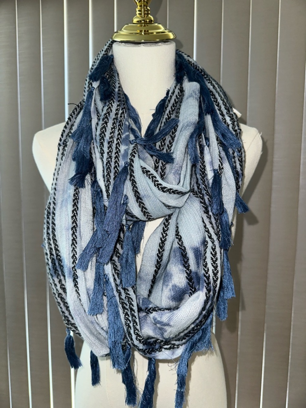 BCBGMaxAzria Blue and White Tassel Fringe loop Scarf